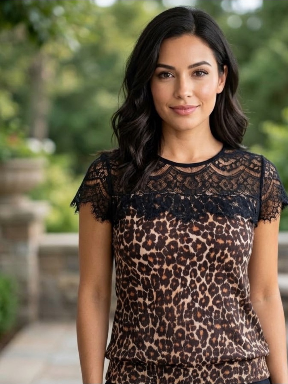 Ann Taylor Leopard Print Lace Yoke Top Womens Brown Black Knit Sweater SP pettit
